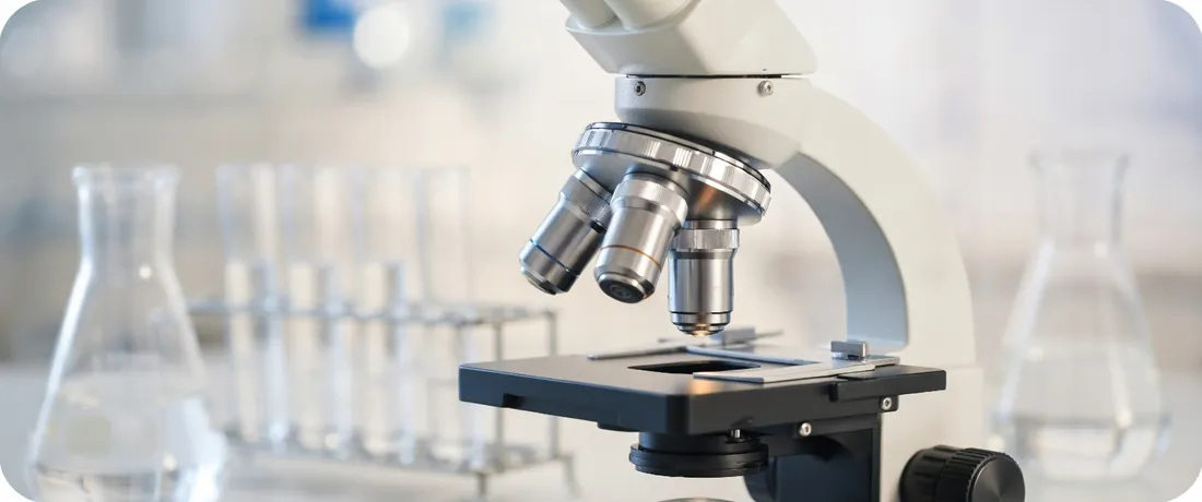 A researcher examining a sample under a laboratory microscope